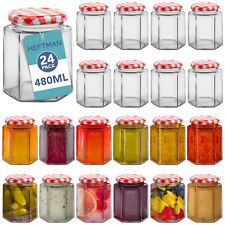 HEFTMAN Hexagonal Jam Jars 480ml 24 Pack Red Gingham Lid Pickling Airtight Glass