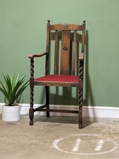 Antique Barley Twist Oak Armchair Elbow Deep Red Fabric Seat Carver Stately Home