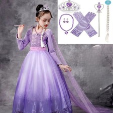 UKStock Kids Girls Purple Princess Long Sleeve Costume Queen Cosplay Fancy Dress