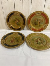 Four Antique Vienna Art Tin Litho Plate Cherub Scene Victorian Woman Gold Border