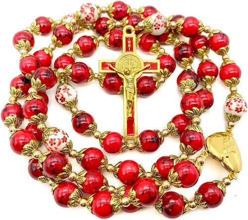 Red coral beads gold rosary - coral,