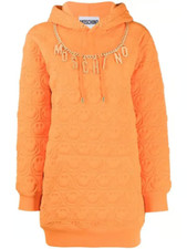 SS21 MOSCHINO Couture Jeremy Scott Orange Smiley Gold Logo Charms Hoodie Dress
