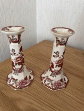 Masons Red Mandalay Candlesticks Pair