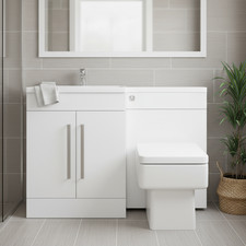 L-Shaped Bathroom Vanity WC Sink Unit & Square Toilet Gloss White Bath Furniture