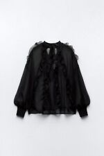 ZARA Sheer Blouse Top Shirt Pussy Bow Ruffle Size L Boho 
