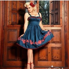 Pinup Girl Clothing Teal Bella Donna Dress 2X Pompom Costume
