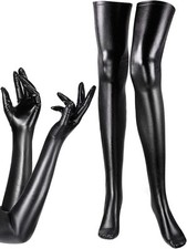 Adult Latex Sexy Faux Leather Long Black Wet Look Shiny Gloves & Hold-Up