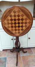 Antique  Victorian chess table, tilt top, inlaid, bentwood column, tripod feet