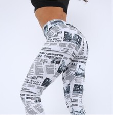 Women's White Newspaper Printed Stretch Leggings Yoga Sports Slim Pants Sexy Hot
