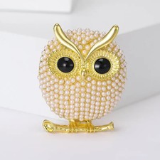 Owl Brooch Gold Tone Faux seed