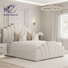 Sunrise Panel Crown Bed Frame Plush Velvet Upholstered Ottoman Gas Lift Storage