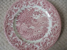 English Ironstone Vintage Plate Pink Countryside Scene Wagon & Sheep 22cms EIT