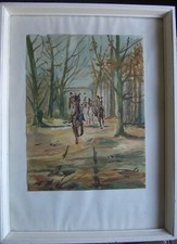W.Ruchatz Watercolour Exit Horses Autumn Hunting Forest Tab Hunter Antique Sign