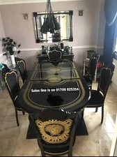 VENUS ITALIAN HIGH GLOSS DINING EXTENDING TABLE & 6 MEDUSA HEAD FABRIC CHAIRS