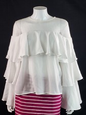 Vera & Lucy White Netted Neckline Tiered Sleeve Blouse Medium 100% Polyester