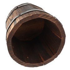 Wooden Round Barrel Flower Pot Brown Flat Mouth Planter Home Office Garden Decor
