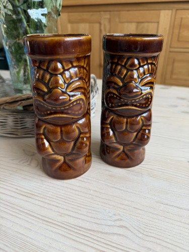 Pair brown ceramic tiki - brown, mugs