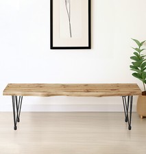 Dining Bench, Live Edge Effect Wooden Bench, 150cm Kitchen Bench with Metal Legs