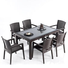 Rattan Effect Garden Furniture Set – Glass Top Dining Table 6 Stackable Chairs
