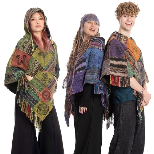 Patchwork hippy poncho hooded - hippy,