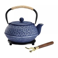 Cast Iron Tea Kettle Teapot with Infuser Japanese Style Blue Sakura Pot 900ml UK