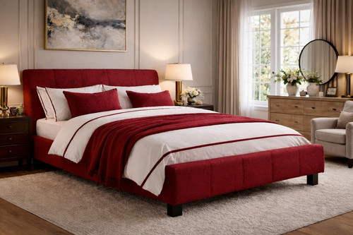 Red fabric upholstered bed - fabric,