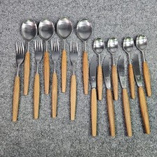 Vtg E.D. WUSTHOF DREIZACK Teak Wood Handle Flatware Set X 4 People MCM Rostfrei 