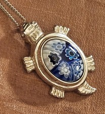 VNTG 1 1/8" Sterling Millifiorie Trademark Blue White Turtle Pendant & Necklace 