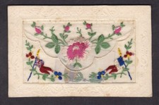 WW1 embroidered silk postcard flowers + pocket contents