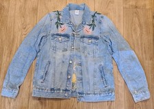 RARE Embroidered Blue Denim Jacket Flowers La Belle Vie Distressed H&M Size 8/36