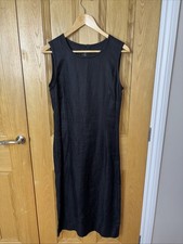 Margaret Howell Black linen sleeveless dress Maxi Long Button Back 10 Herringbon