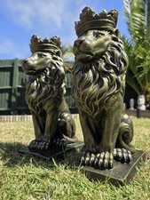 Pair Of Large Stone Garden Large Bronzed Lion Kings Statues Ornaments Frostproof