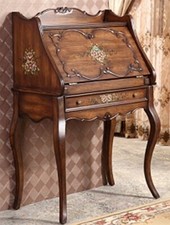 Hand Painted Dark Brown Wooden Antique Floral Accent Decor Writing Desk