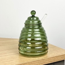 Honey Pot with Dipper Vintage Glass Storage Jar Bee Hive Drizzler Kitchen Decor