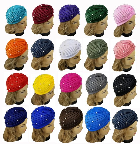 Pearl beads stretchy turban - stretchy,