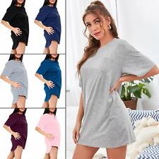Women's Plain Cotton Night Wear Long T-shirt Front Pocket Short Sleeve Nightwear