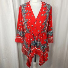Zara Womens Top Red Multi Paisley Print Handkerchief Hem Size Small Drawstring 