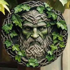 LEAFY MOSSY GREEN MAN FACE PLAQUE FOREST PAGAN  GARDEN TREE FENCE METAL WALL ART