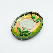 Vintage Reversed Carved Floral Glass Pebble Trinket Faceted White Rose Curio