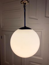 Large 12" G.E.C. Vintage White Opaline Glass Globe Pendant Ceiling Light.