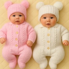 KNIT BABY DOLL  KNITTING PATTERN ONLY ALL IN ONE ONSIES PINK WHITE 0-6M BABY