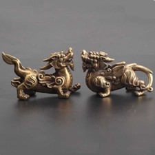 2PCS Curio Chinese Bronze Animal Kylin Chi-lin Qilin Dragon Beast Small Statue麒麟