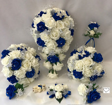 Wedding Flowers Ivory Rose Royal blue bouquet Bride, Bridesmaid Flower-Girl Wand