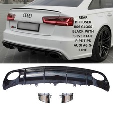 RS6 STYLE REAR DIFFUSER GLOSS BLACK WITH SILVER TAILPIPE TIPS FOR AUDI A6 S-LINE