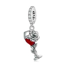 Glass of Red Wine & Rose Charm with 925 Sterling Silver for European Bracelets
