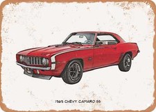 Classic Car Art - 1969 Chevy Camaro SS Pencil Sketch - Rusty Look Metal Sign