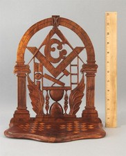 Antique 19thC Folk Art  Carved & Inlaid Walnut Freemason Masonic Wall Shelf, NR