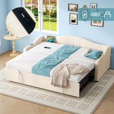 Daybed Sofa Bed with Pull out Trundle Bed Guest Bed 3ft Single Day Bed Beige