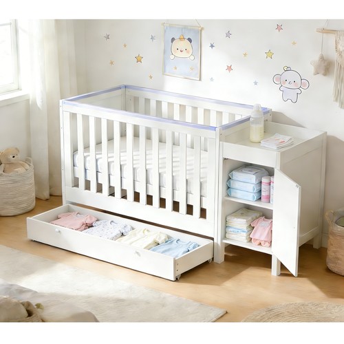 White baby cot teething - cot, rails