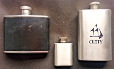 3 vintage hip flasks all stainless - CUTTY - BLACK LEATHER CLAD & SMALL FLASK.